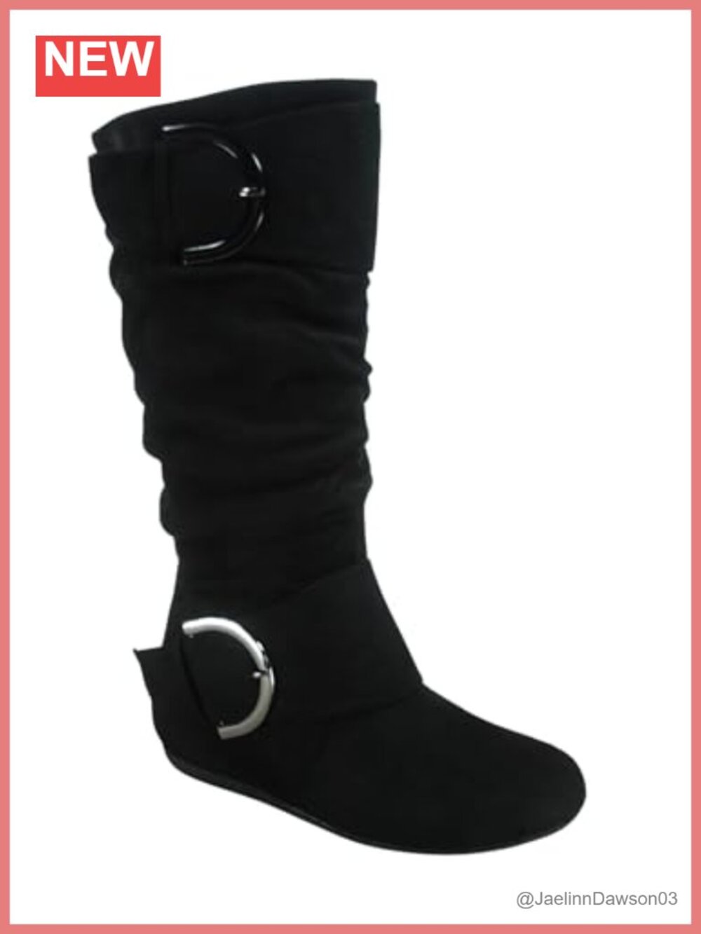 Faux Suede Mid-Calf Boots Flat Heel Buckle Slouchy Side Zip Casual